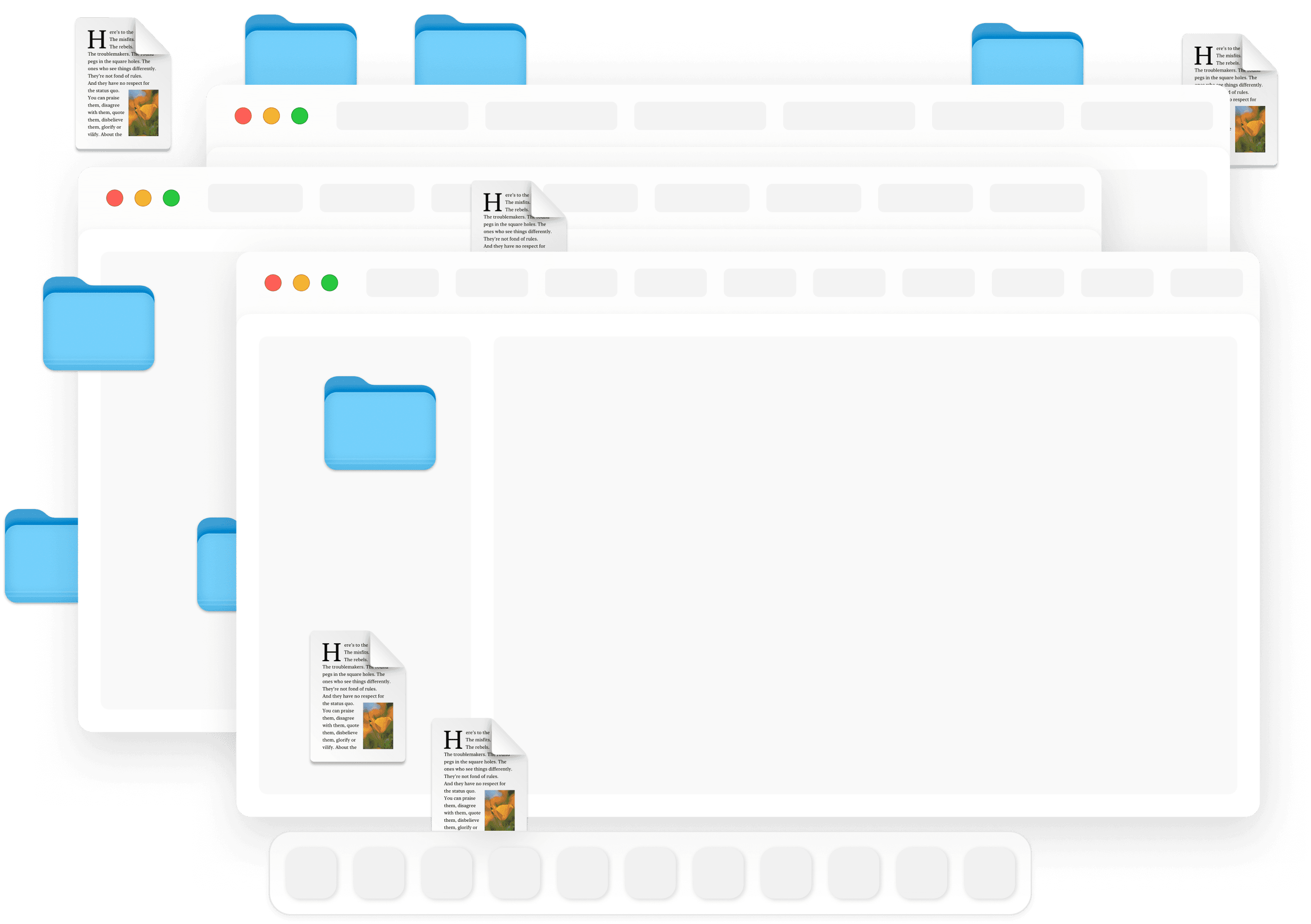A cluttered desktop with overlapping windows, icons, and documents